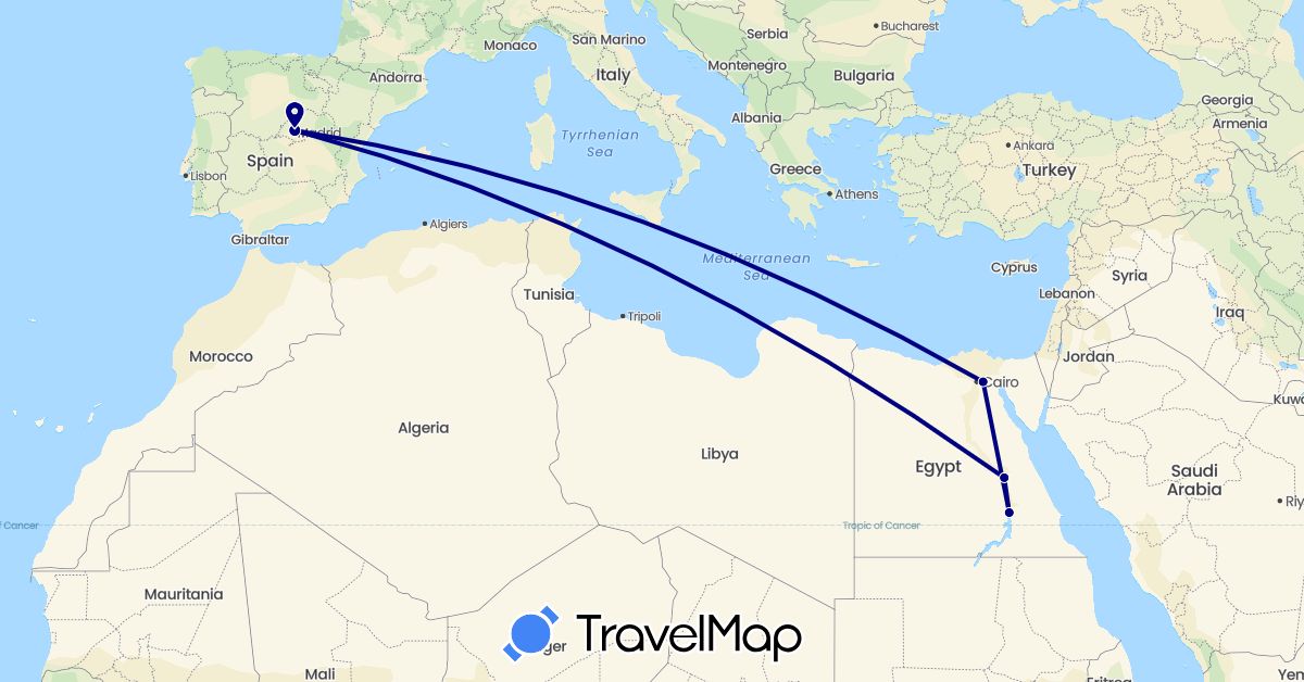 TravelMap itinerary: driving in Egypt, Spain (Africa, Europe)
